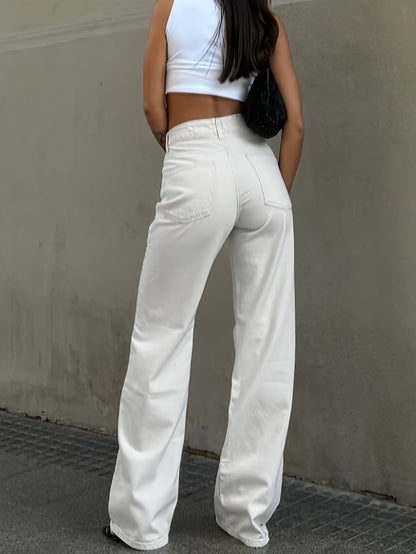 Viscose Casual Straight Leg Երկար անթև կոճակ Fly Half Placket Միջին գոտկատեղի կանոնավոր հարմարեցում երկար երկարությամբ Weekend պատահական կանացի դասական սպիտակ ջինսեր