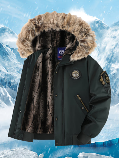 Տղամարդու ձմեռային վերարկու - նոր տաք, գլխարկով բաճկոն՝ ոսկեգույն նախշերով, ազատ չափսի, ցուրտ եղանակի համար նախատեսված ամենօրյա վերնազգեստ, լվացքի մեքենայով լվացվող, հաստ, հարմարավետ փափուկ աստառով