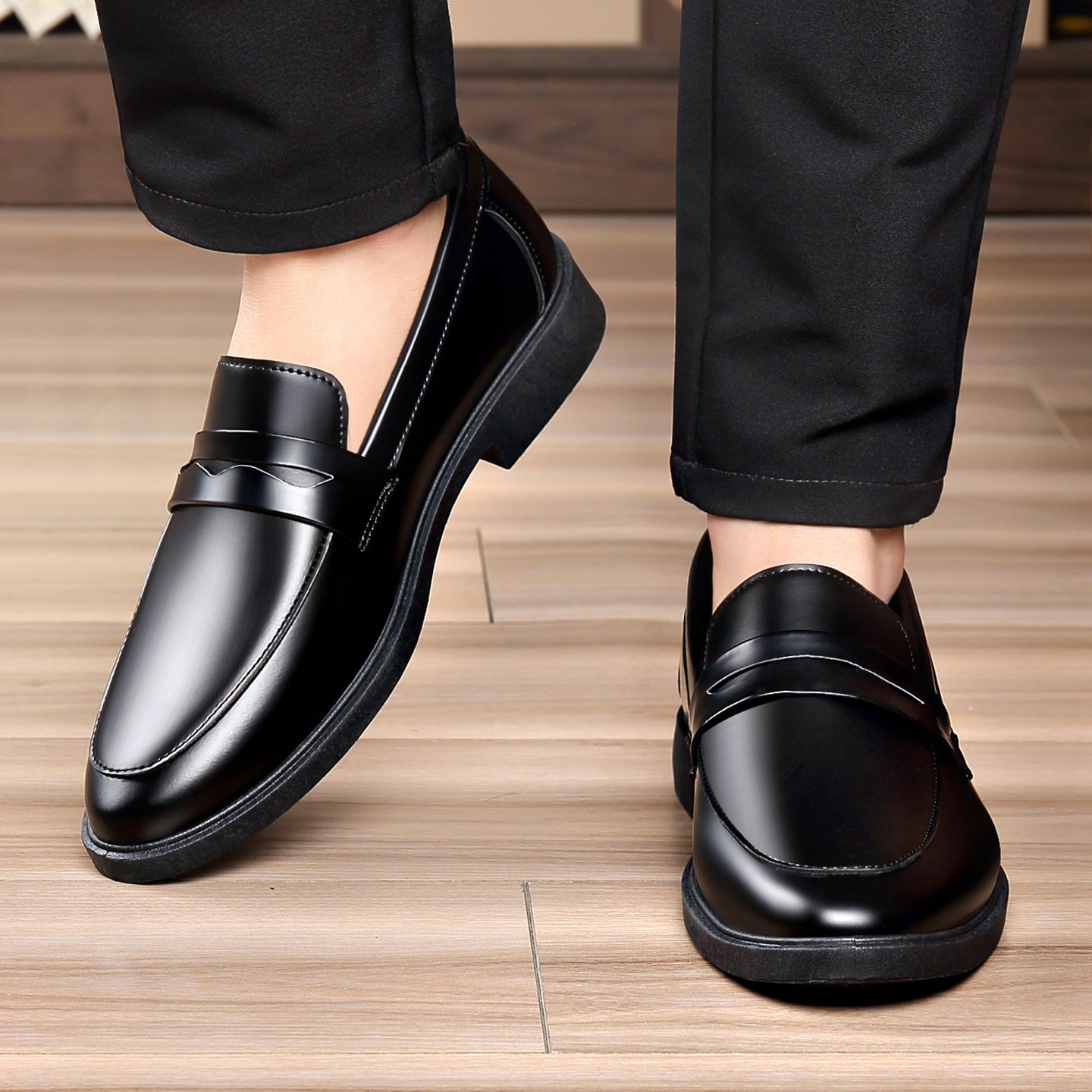 Men's Glossy Slip-On Formal Dress Shoes Low-Top PU Leather