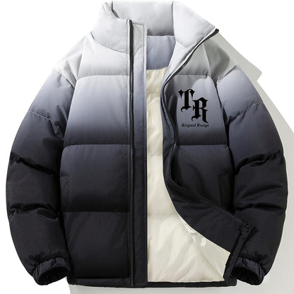 1 հատ տղամարդու փողոցային ոճի վերարկու՝ կանգնած օձիքով, այբուբենի նախշերով, սովորական չափսերով, լարերով, չձգվող գործվածքով պոլիեսթեր, 100% պոլիեսթերային լցոն, երկար թևքերով, ամենօրյա տաք, գրադիենտային բաճկոն՝ աշնանային և ձմեռային համար