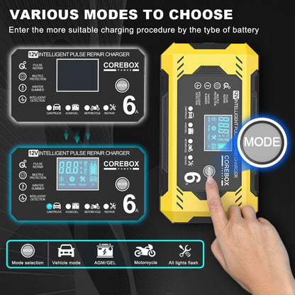 COREBOX EU Plug 12V 6A Smart Battery Trickle Charger 12V Battery Maintainer Battery Charger with LCD Display for Car Truck Motorcycle Lawn Mower Marine Lead Acid Charge, Without Battery
