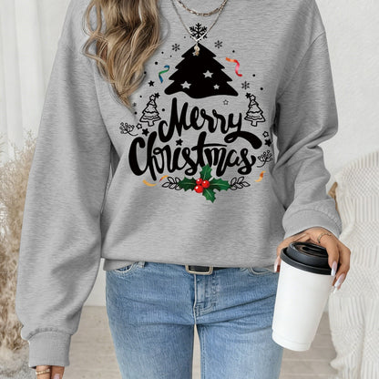 Women's Red Christmas Tree & Lettering Sweater - Cozy Winter Pullover with Round Neck Long Sleeve, Thickened Sweating-Reducing Blouse for Xmas Party Outfits, Family Gatherings (Machine Washable, Autumn/Winter Clothing)