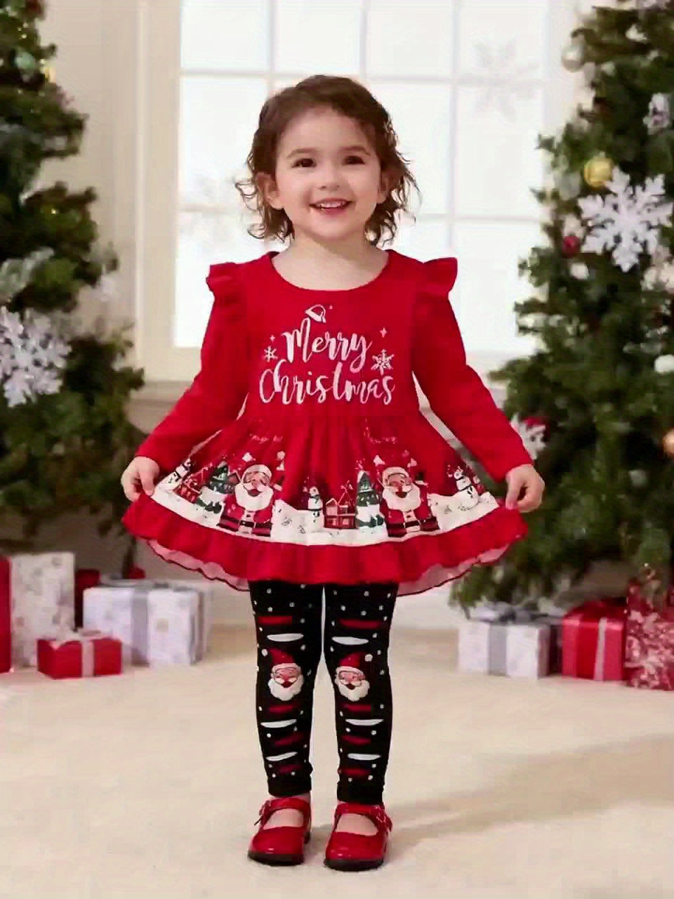 2pcs Girls' Long Sleeve Christmas Santa Claus Letter Print Irregular Skirt + Pants Set, Holiday Outfit, Seasonal Clothing, Festive Design, Elegant Style, Quality Stitching, Comfortable Fit, Twopiece Outfit, Matching Set, Holi