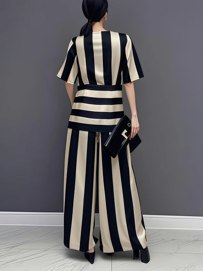 Artistic Irregular Stripe Loose Round Neck Pullover Top with Flared Pants Women's Set
