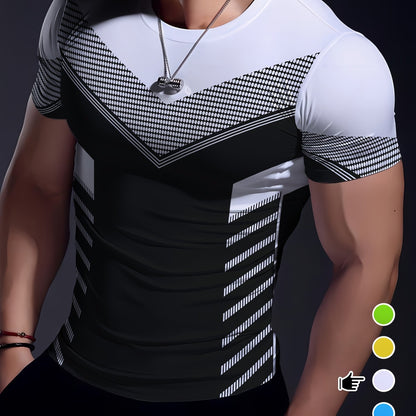 Men'S Geometric-Pattern Sports T-Shirt, Polyester Blend, Crew Neck, High Stretch, Short Sleeve, Quick-Dry, Tear-Resistant, Knit Fabric, Skinny Fit, with 3D Heat Sublimation for Running, Yoga, Training, Hiking, Casual & Athlet