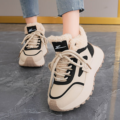 Կանացի ձմեռային ձնագնացքներ հաստ, փափուկ PVC ներբանով՝ բարձրացնող էֆեկտով - սահքից պաշտպանող, արհեստական կաշվե վերնամասով և փափուկ ծածկույթով, բեժ/սև գույն - ամենագնացքային ճկունություն սառույցի, ձյան և ամենօրյա կրման համար -