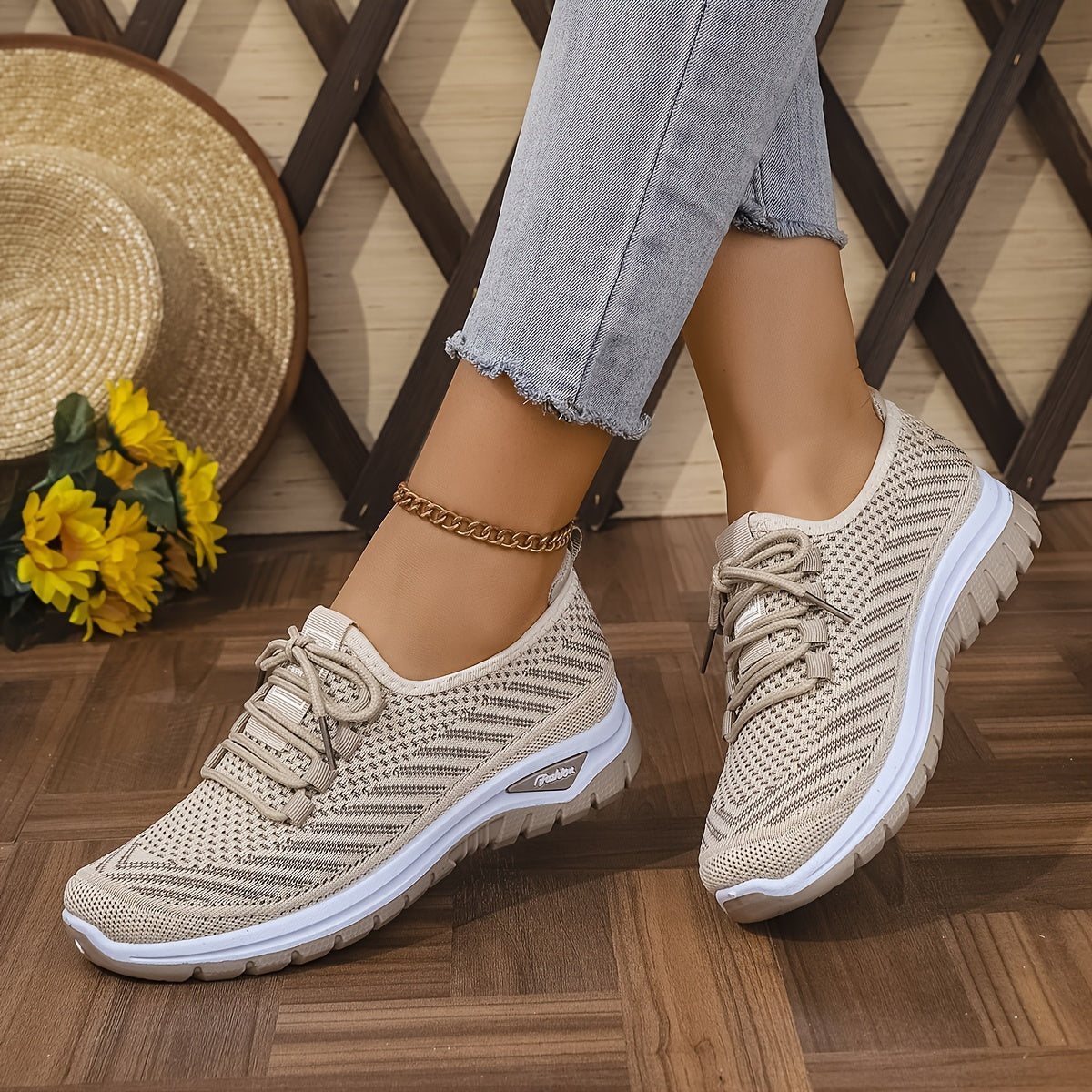 Women'S Knit Casual Sneakers - Stylish Striped Weave Pattern, Breathable Non-Slip Comfort Shoes with Rubber Sole for Outdoor Wear