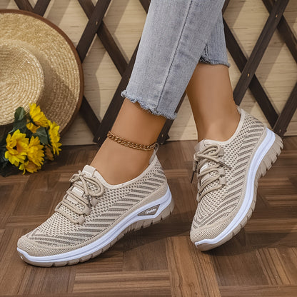 Women'S Knit Casual Sneakers - Stylish Striped Weave Pattern, Breathable Non-Slip Comfort Shoes with Rubber Sole for Outdoor Wear