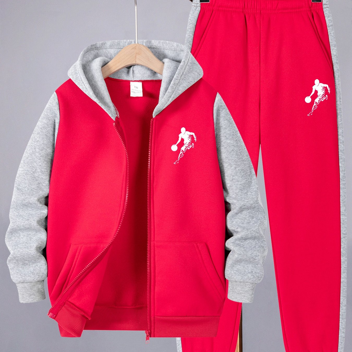 2pcs Boys' Casual Sportswear Set, Fashion Basketball Print Fleece-Lined Zip-Up Hoodie + Pants for Autumn and Winter, Suitable for Daily Wear and Outdoor Activities, Perfect for Outdoor