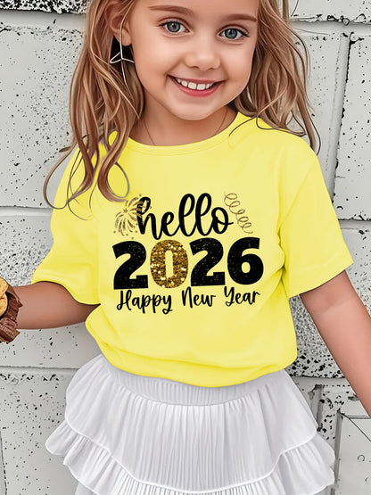 Girls' 2026 New Year T-Shirt - Hello 2026 Happy New Year Graphic Tee with Golden Number 2026, Heart, & Golden Lettering - Lightweight Summer Top for Birthday Party, Girls Clothes