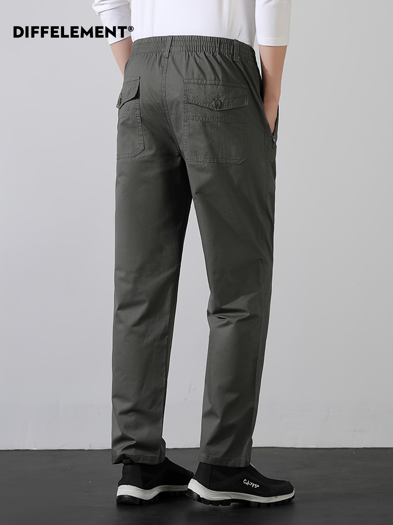 Men's Cotton Casual Trousers with Elastic Waist and Zipper Pockets