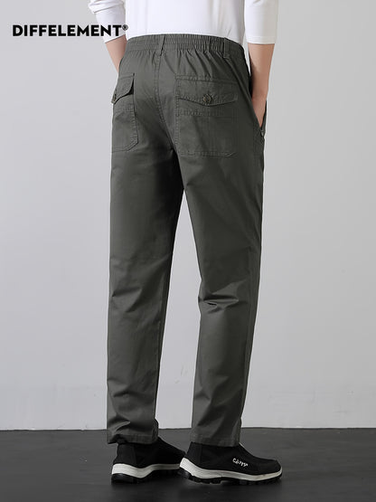 Men's Cotton Casual Trousers with Elastic Waist and Zipper Pockets