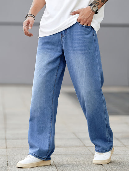 Men's Loose Fit Wide Leg Jeans, Men's Stylish Comfy Denim Pants, Versatile For Four Seasons
