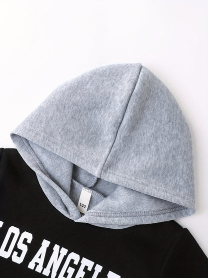 2pcs Boys' Autumn/Winter Fleece-Lined Hooded Sweatshirt and Pants Set, Simple Letter Print Fashion Classic Outfit for Outdoor Sports and Casual Wear, 100% Polyester Knit Stretch Fabric, Ideal Gift Choice for Kids, Perfect for