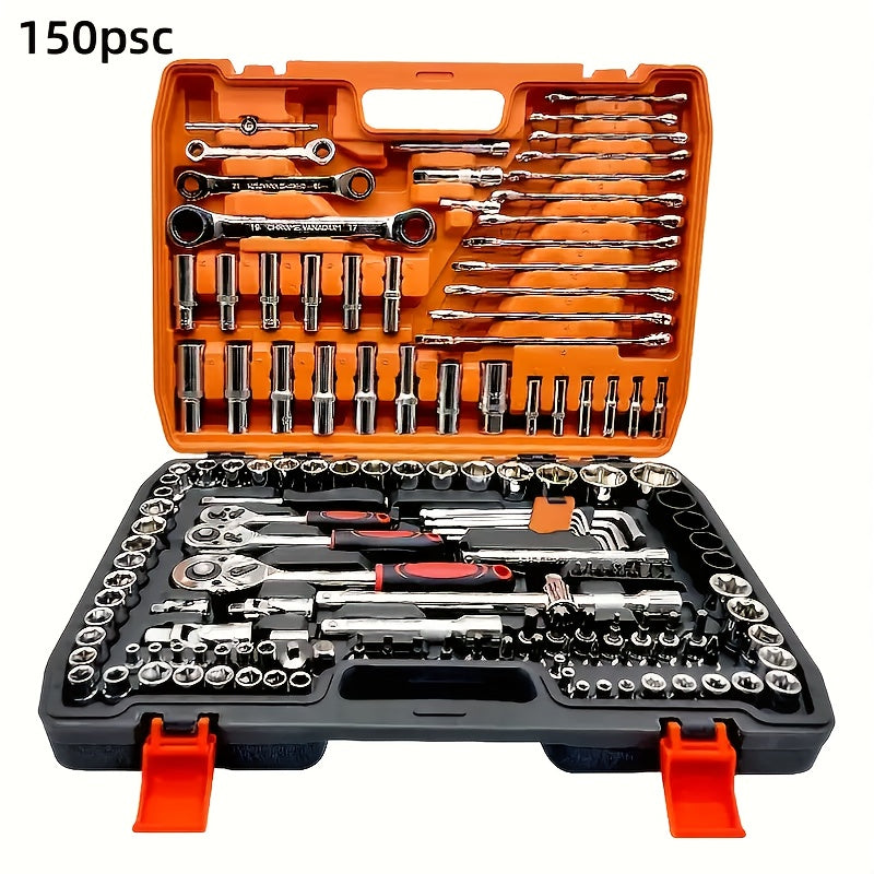 151/46pcs Automotive And Motorcycle Repair Tool Kit - Made of Durable Chrome Vanadium Steel, Includes Ratchet Wrenches And Screwdrivers.