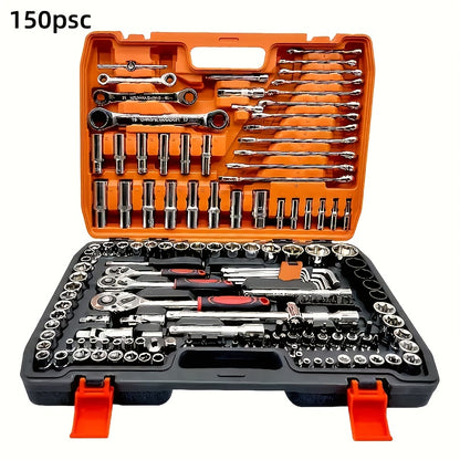 151/46pcs Automotive And Motorcycle Repair Tool Kit - Made of Durable Chrome Vanadium Steel, Includes Ratchet Wrenches And Screwdrivers.