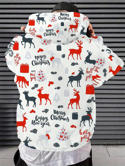 Men'S Christmas Hoodie - Red & Black Holiday Sweatshirt with Merry Christmas Text, Hooded Pullover for Christmas Party Outfit, Casual Winter Clothing - Festive Casual Attire, Christmas Clothes, Seasonal Fashion, Geometric Pri