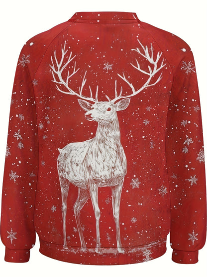Women'S Christmas Sweater - Red & White Deer Graphic Pullover Sweater, Loose Fit Long Sleeve Holiday Sweater for Christmas Party, Family Gathering, Christmas Clothes, Christma Jumper Women Plu Size, Christma Plu Size Women, C