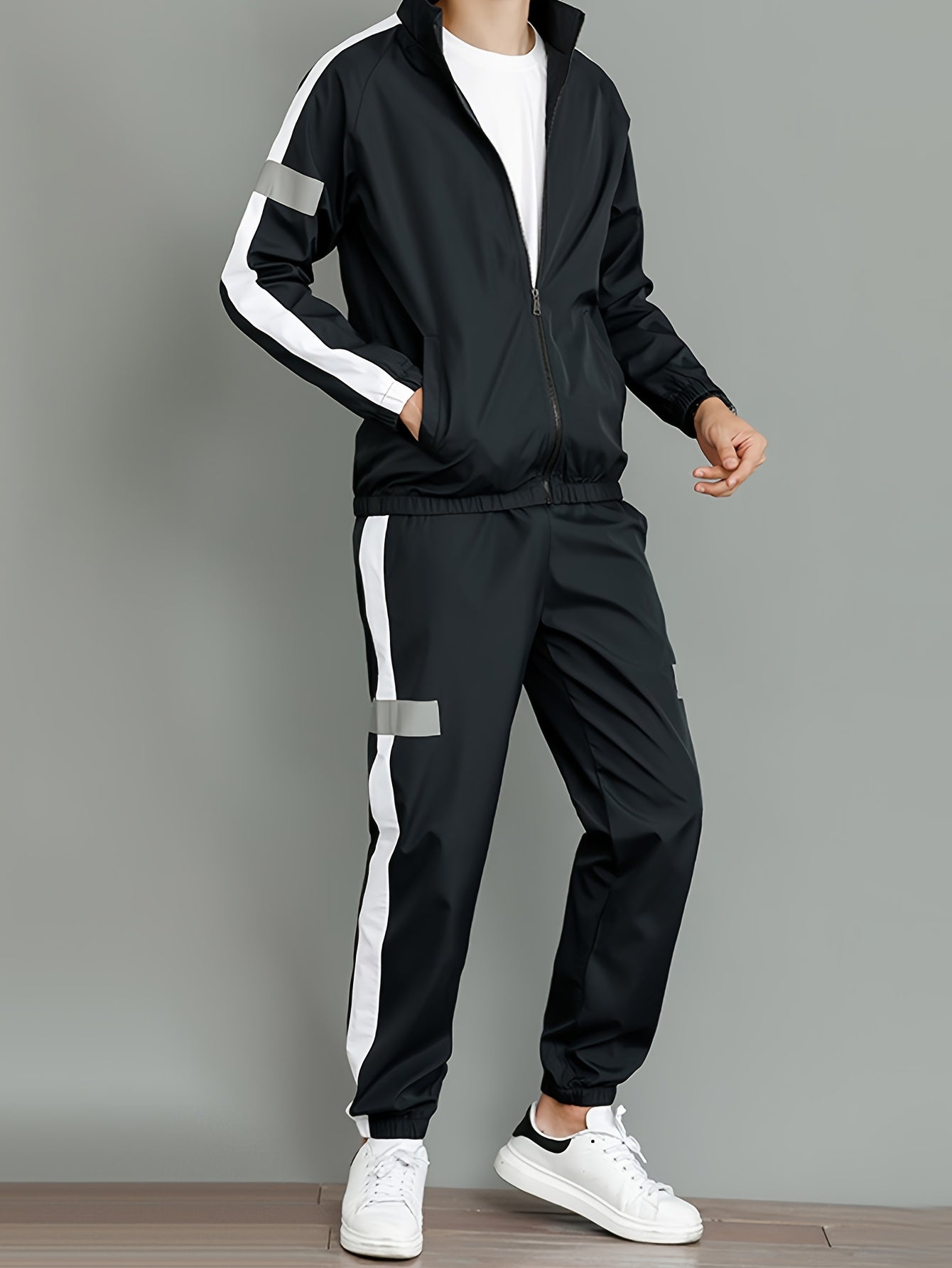 Men's Casual Polyester Jacket and Joggers Set for Spring & Fall