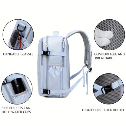 Airline-Approved 38.1cm Laptop Travel Backpack for Women, Light Blue Polyester with Adjustable Straps, Shoe Compartment & USB Charging Port - Ideal for School & Work Trips, Laptop Bag
