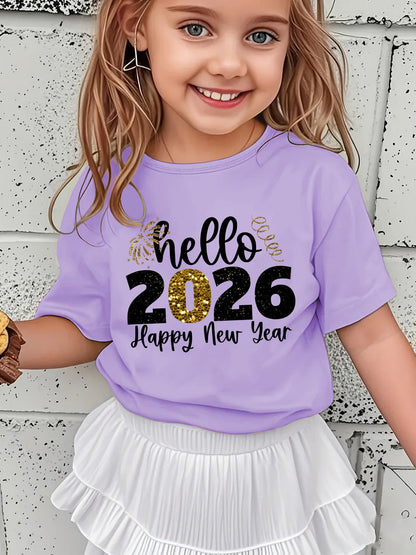 Girls' 2026 New Year T-Shirt - Hello 2026 Happy New Year Graphic Tee with Golden Number 2026, Heart, & Golden Lettering - Lightweight Summer Top for Birthday Party, Girls Clothes
