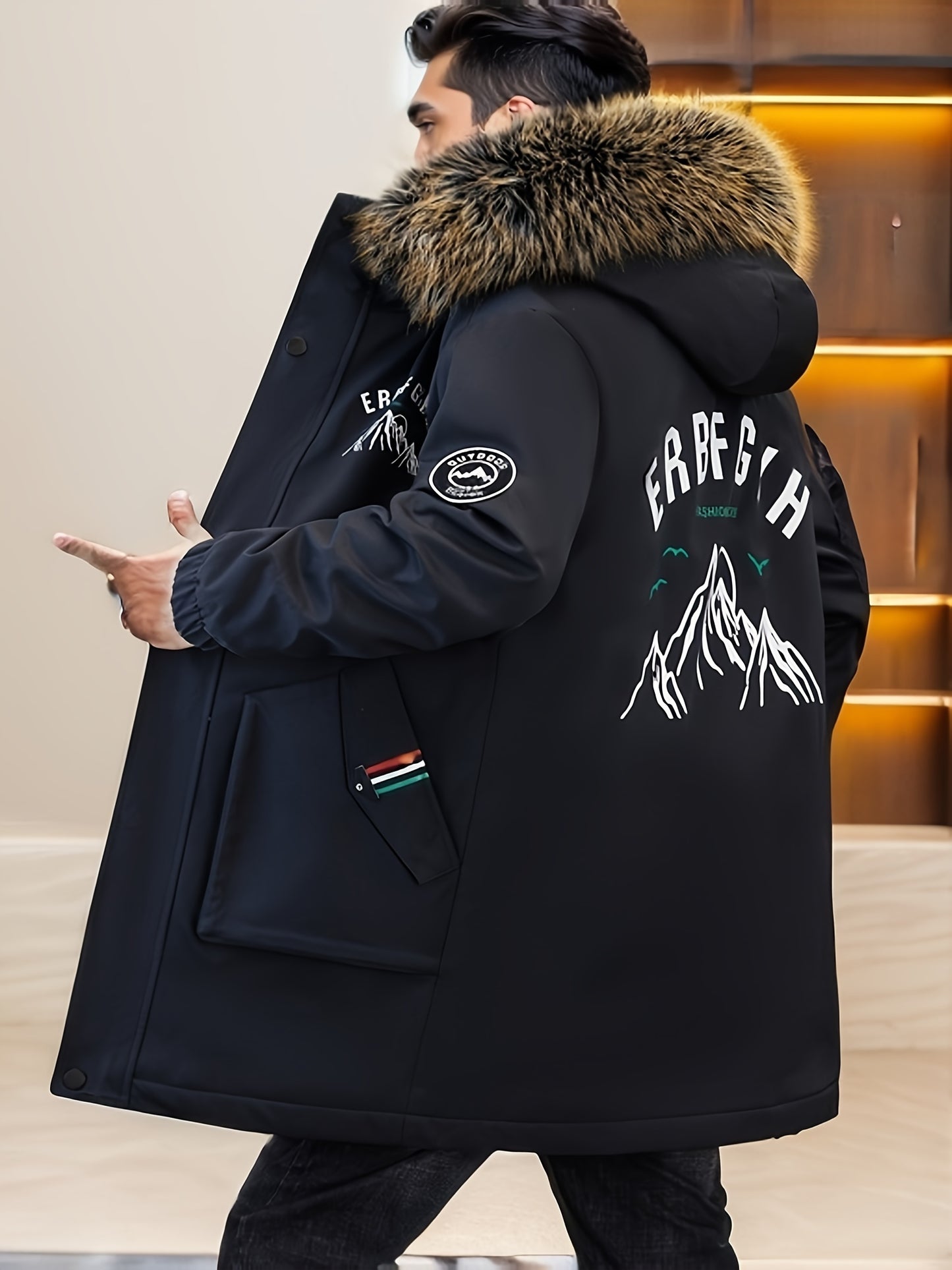 Men's Heavy-Duty Hooded Winter Jacket with Mountain Logo Back Print, Full-Zip Long Coat & Pockets - Large Hood for Extreme Cold, Machine Washable -Filled Outerwear (Casual/Climbing/Skiing) - Black, Winter Boots For Men, Men W