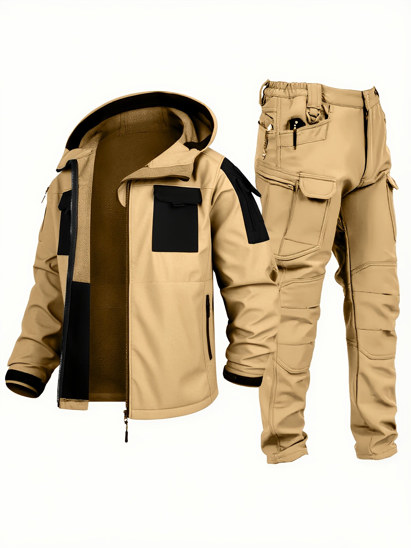 Men's Outdoor 2-Piece Hooded Fleece Jacket & Cargo Pants Set