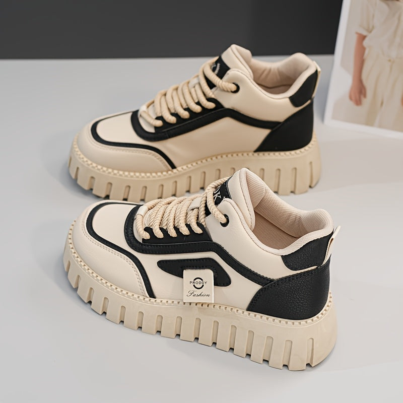 1 Pair Women'S Fashion Mid-Top Casual Sneakers, PU Upper, Fabric Lining, Rubber Sole, and EVA Insole, Lace-Up Design, with All-Season Versatile Athletic Shoes