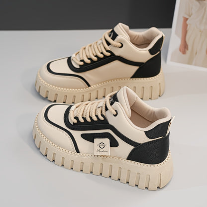 1 Pair Women'S Fashion Mid-Top Casual Sneakers, PU Upper, Fabric Lining, Rubber Sole, and EVA Insole, Lace-Up Design, with All-Season Versatile Athletic Shoes