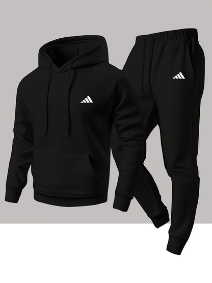 Men'S Trendy And Minimalist Triangular Striped Logo Hoodie And Sweatpants Set for Spring And Autumn, Featuring a Loose And Comfortable Design Suitable for Sports And Leisure, Machine Washable