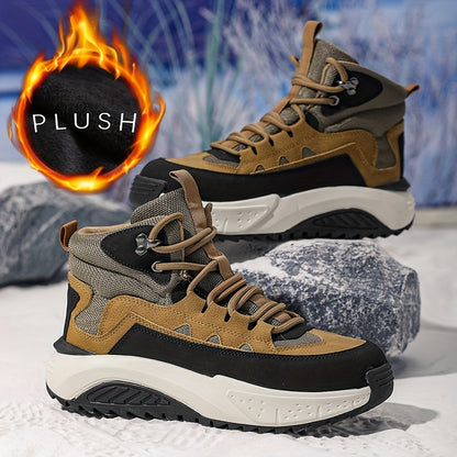 Men's Thermal Insulated Winter Boots with  Lining - PU/Fabric Upper, Zipper & Lace Closure, Cushioned Insole & Arch Support, Brown/Black/White/Beige - Low-Top Round Toe for Snow, Ice, and Casual Attire - Ideal for Skiing, Hik