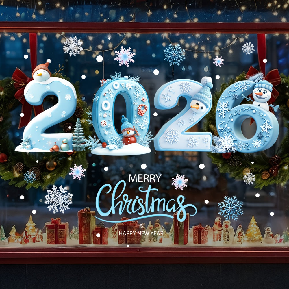 2026 Christmas & New Year Glass Stickers - Winter Snowflake & Snowman Self-Adhesive Irregular Shape Glittery Matte Finish with 2026 Number Design,  & White Winter Theme with Penguins, Holly & Snowflakes - One-Time Use for, Do