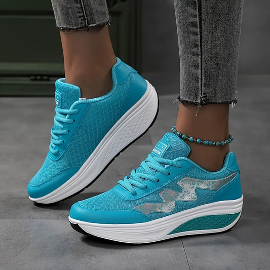 Women's Light Blue Breathable Mesh Sneakers - Air-Cushioned, Thick-Soled Sneakers with Sport Control  Lace-Up Design for All Seasons
