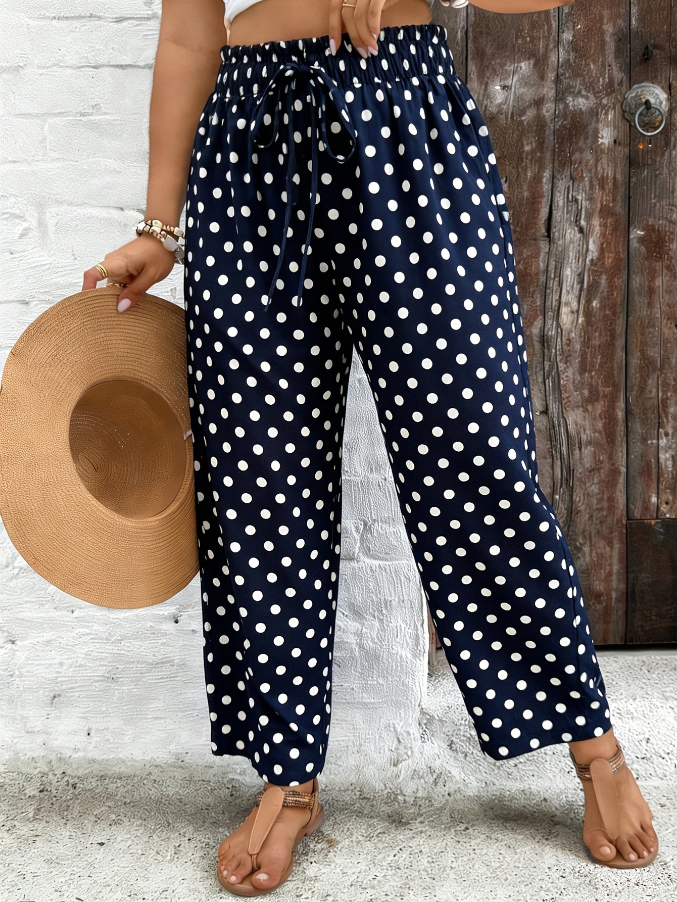 Women's Elegant Polka Dot Stretch Waist Tapered Pants