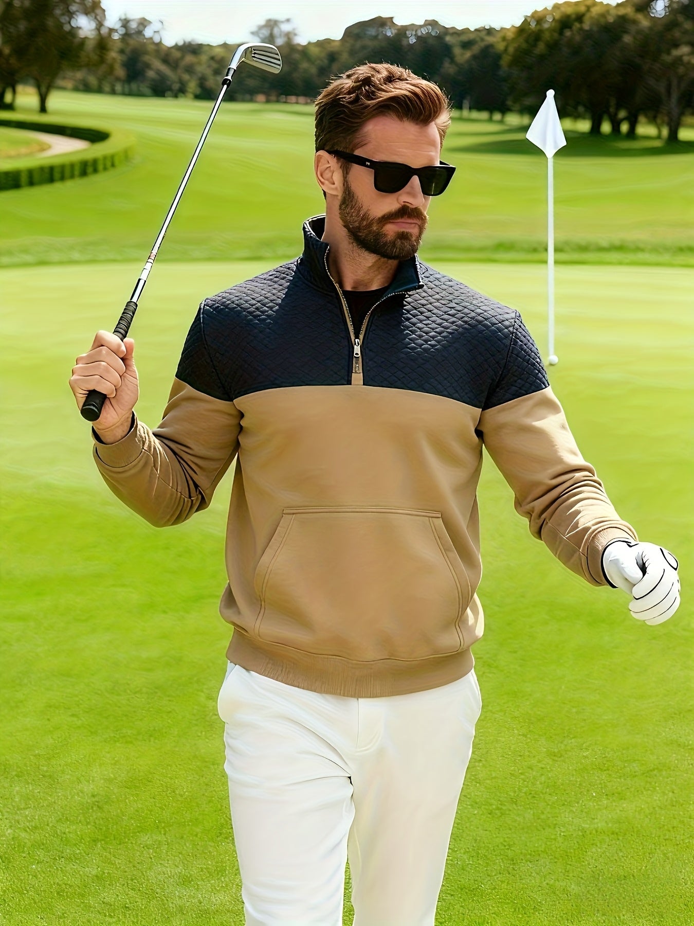 Տղամարդու աշնանային և ձմեռային կիսաճտքավոր սպորտային սվիտեր՝ հարմար մարզումների, վազքի և ֆիթնեսի համար, ոճային և հարմարավետ դիզայնով, փոքր վանդակավոր կանգնած օձիքով և հասանելի է մեծ չափսերով։