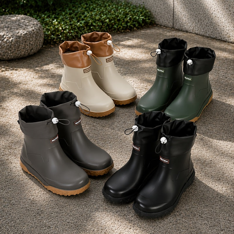 Men's Short PVC Rain Boots with Adjustable Drawstring & Tread Sole