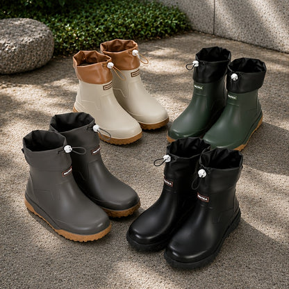 Men's Short PVC Rain Boots with Adjustable Drawstring & Tread Sole