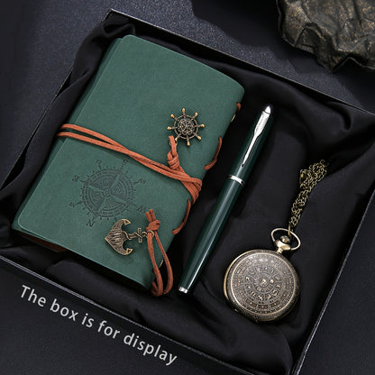 3pcs Men's classic retro style quartz pocket watch + pirate elements diary writing pen gift box set The best choice for holiday birthday gifts
