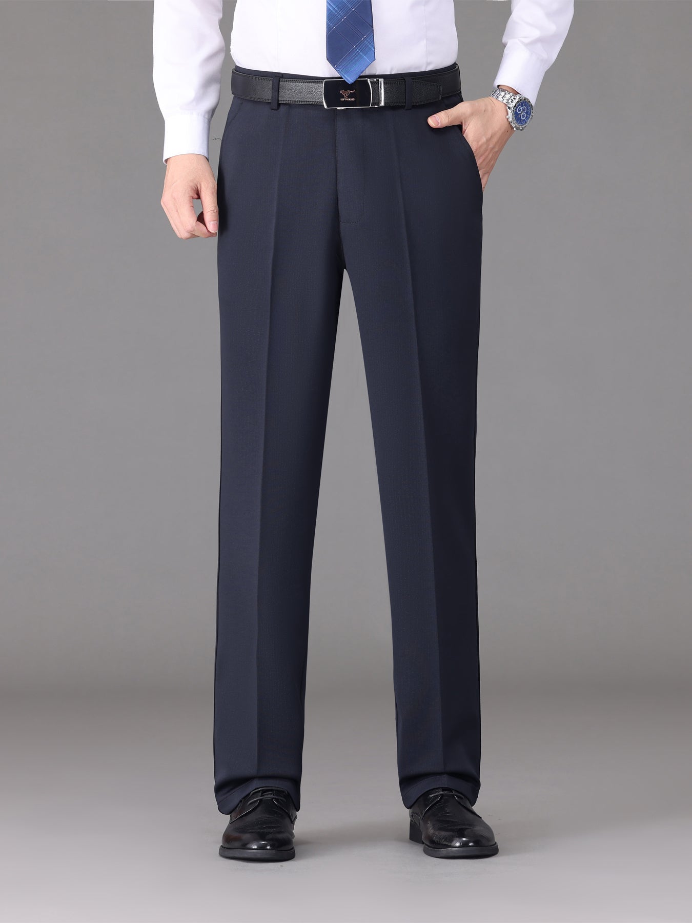 [Lightweight Design] Men's High-Waist Stretch Dress Pants - Wrinkle-Resistant, Dark Blue Business Casual with Pockets, Straight Leg Fit for Spring/Fall