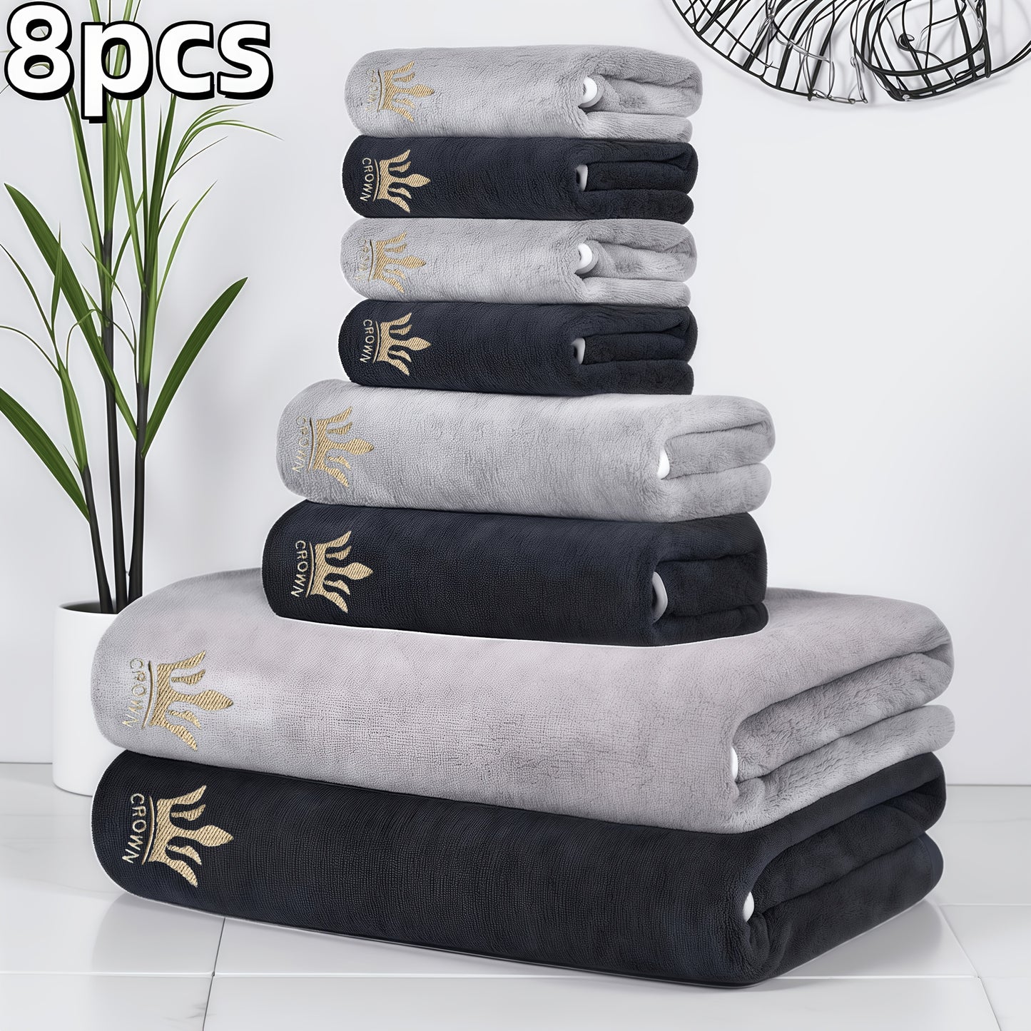 8pcs Super Soft Coral Bath Towel Set, Crown Embroidery, 2pcs 70 X 140Cm Bath Towels, 2pcs 42 X 70 Cm Hand Towels, 4pcs 35 X 35 Cm Washcloths, Quick-Drying, Fast-Absorbing, Lightweight, Perfect for Home, Hotel And Spa Use, Out - ayq