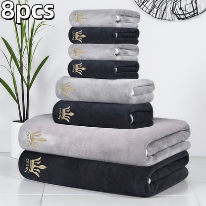 8pcs Super Soft Coral Bath Towel Set, Crown Embroidery, 2pcs 70 X 140Cm Bath Towels, 2pcs 42 X 70 Cm Hand Towels, 4pcs 35 X 35 Cm Washcloths, Quick-Drying, Fast-Absorbing, Lightweight, Perfect for Home, Hotel And Spa Use, Out - ayq
