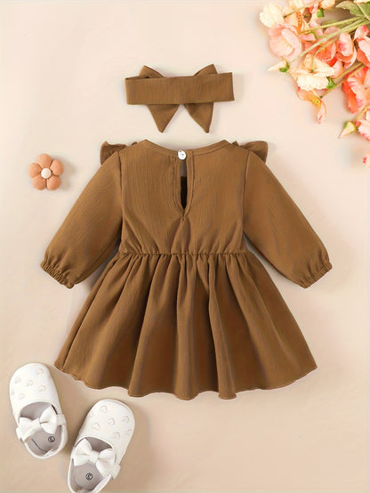 1-18 ամսական աղջիկների կարմիր զգեստ | Սուրբ Ծնունդ, Նոր Տարի, Տոնական և տոնական զգեստ գլխակապով, արքայադստեր ոճով, աշուն-ձմեռ հավաքածու, կլոր վզնոցով, երկար թևքերով, մինչև ծնկները, լայնացված եզրով