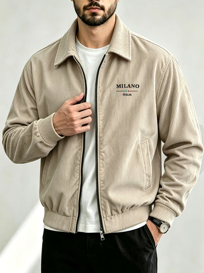 Men's Corduroy Zipper Jacket with Lapel Collar for Spring/Fall