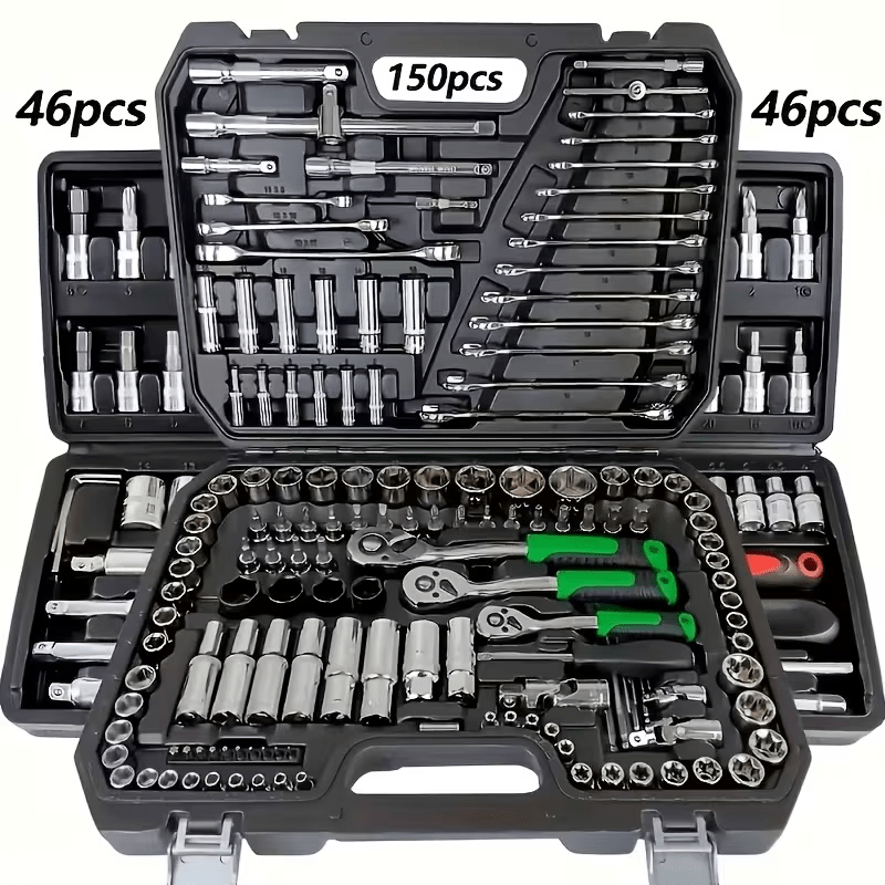 150/46pcs Professional All-in-One Auto Repair Tool Set Compatible for European- Heavy-Duty Alloy Metal Toolbox with Ratchet Torque Wrench, Hex Bit Screwdriver Kit, Multi-Size Car Mechanic Tool Kit for DIY& Professional Mechan