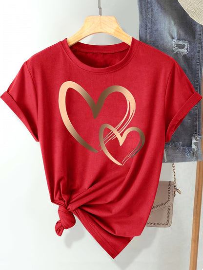 Chic Love Series Gradient Double Heart Graphic Tee for Women - Casual Retro Style, Round Neck Short Sleeve, Breathable Polyester, Machine Washable, in Black with Golden & White Hearts, Sizes S-XXL