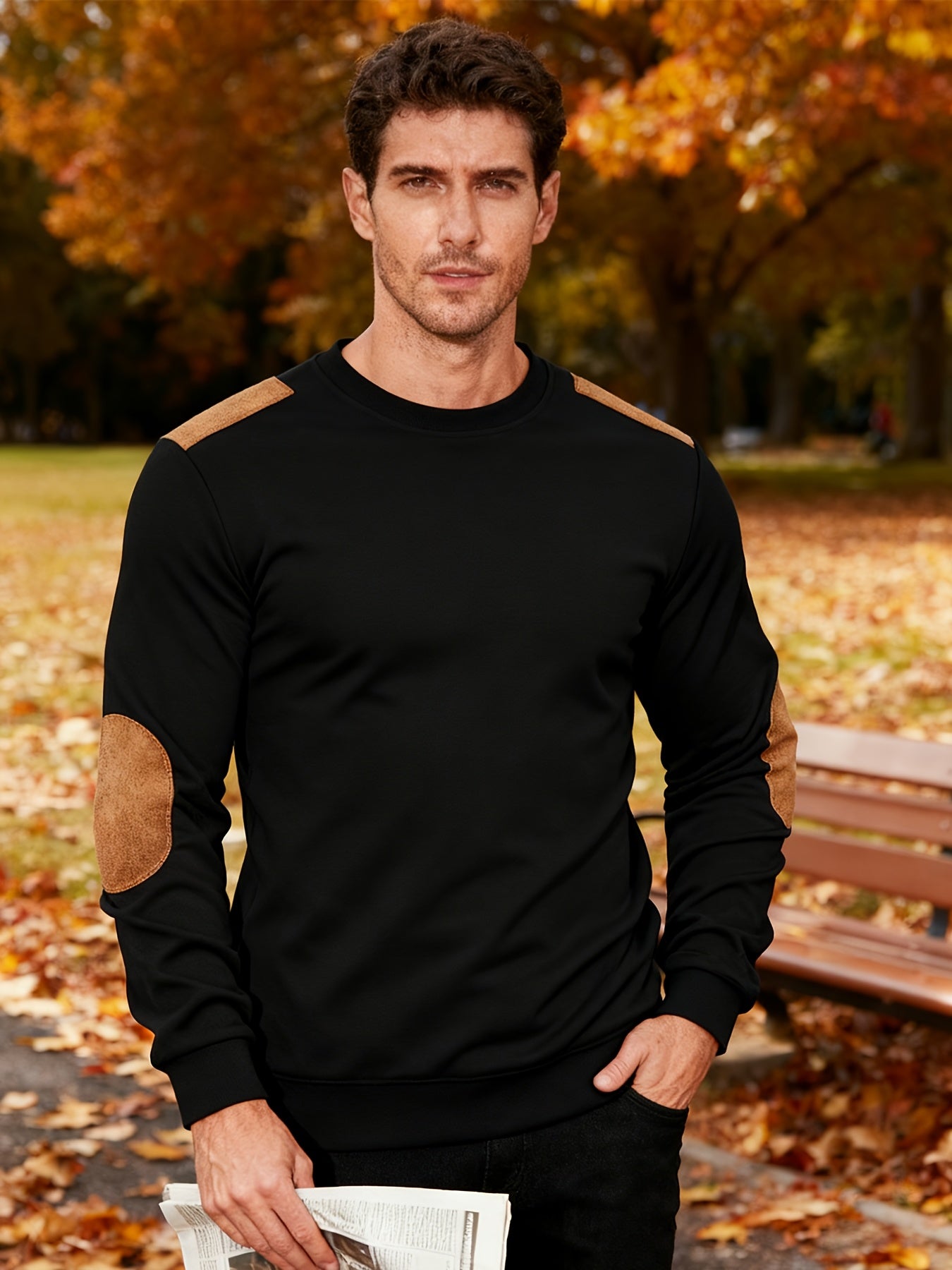 Men'S Classic Fashion Crew Neck Long-Sleeved Top | Light and Comfortable Fabric with Contrast Beige Patches for Enhanced Durability, Regular Fit, Ideal for Daily Leisure, Street Fashion, Outdoor Activities, and Light Fitness