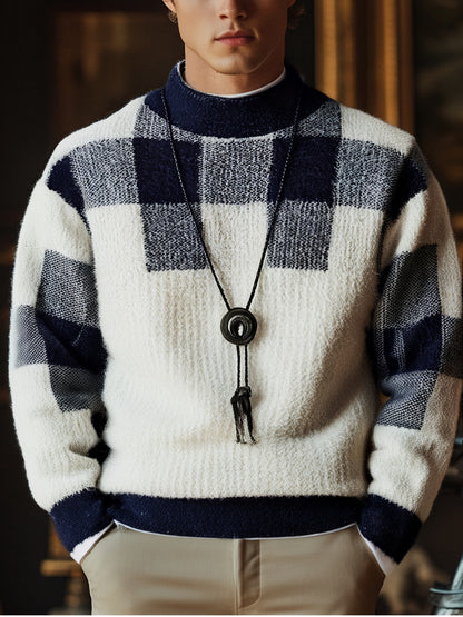 Տղամարդու կլոր վզնոցով սվիտեր, աշնանային և ձմեռային նոր ոճեր, նորաձև և բազմակողմանի, դիմացկուն, հաստ և տաք, երկար թևքերով, վանդակավոր նախշերով, մաշկին հարմար, հարմարավետ, փափուկ, երիտասարդական և նորաձև, նեղ չափսերով, նորաձև, գործնական