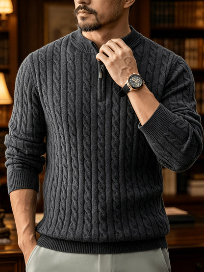Men's Spring/Fall Half-Zip Stand Collar Cable Knit Sweater