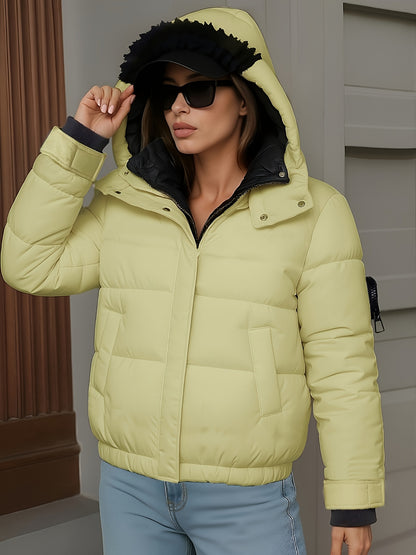 Կանացի ձմեռային կարճ գլխարկով բաճկոն՝ մանանեխի, դեղին և սև գույների հակադրությամբ, փքված վերարկու գրպաններով, գոտի և ամուր կայծակաճարմանդ, առօրյա, էլեգանտ վերնազգեստ ցուրտ եղանակի համար (ձեռքով լվացում/քիմմաքրում), հաստ ձմեռային բաճկոն կանանց համար, Win