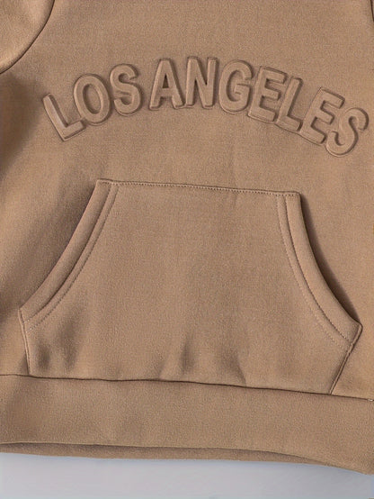Casual Long Sleeve Hoodie & Joggers Warm Set, LOS ANGELES Letter Embossed Design, 2-piece Boys Co Ord Set For Winter Fall Daily And Outdoor Wear